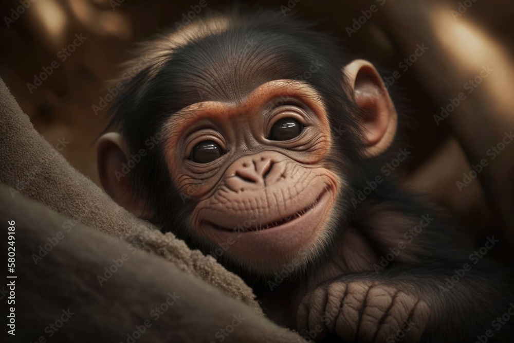 A close up picture of a happy baby chimp thinking. Generative AI
