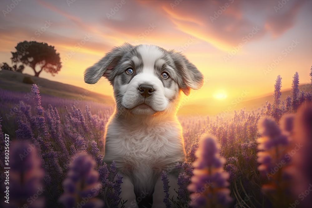 This adorable puppy dog is posing in a lavender field at sunrise on a summer morning. Generative AI