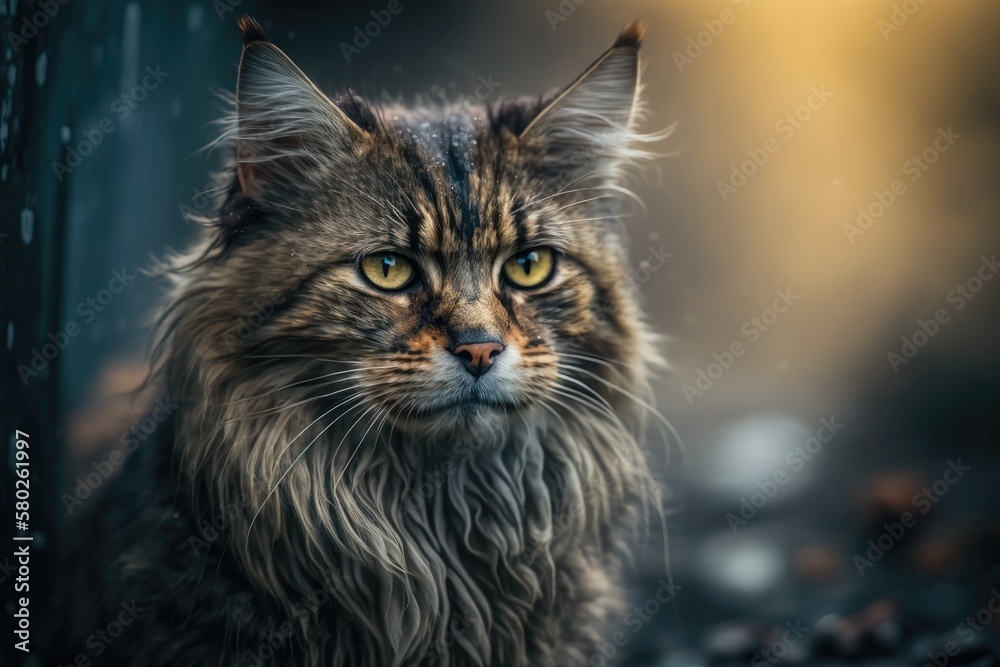 Cat that lives in the wild. Photo of a dirty, homeless cat. Animals are homeless. Shallow depth of f