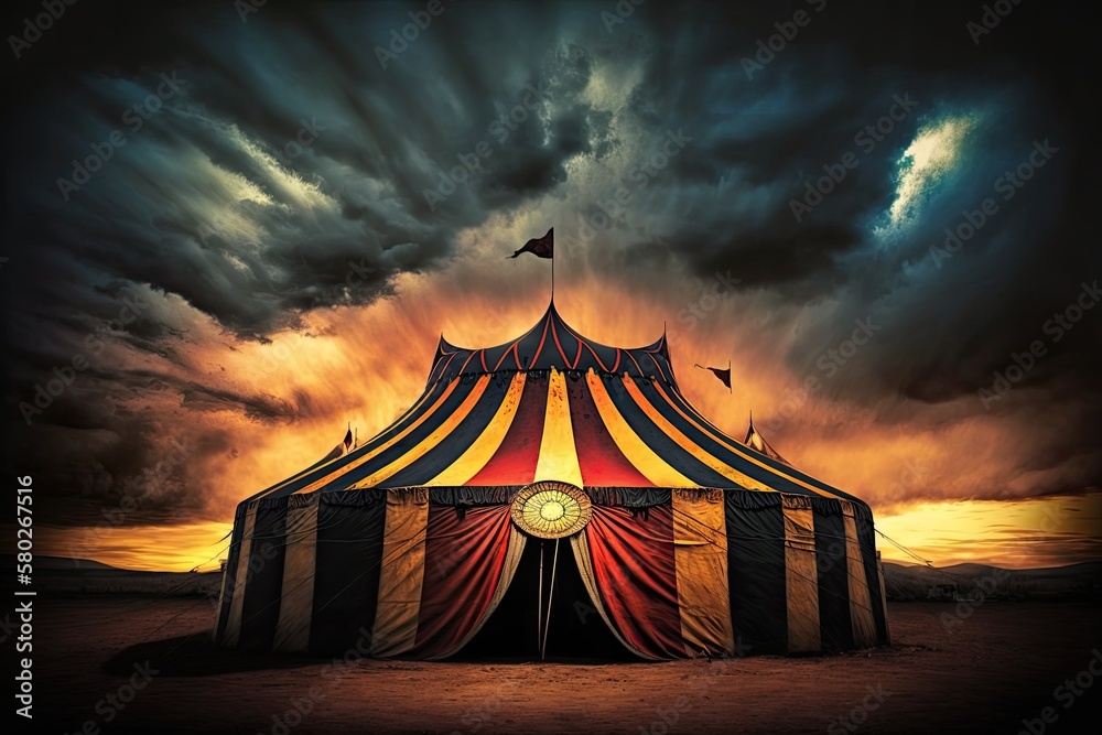 Panorama of a circus tent lit up at night against an ominous sunset and a turbulent sky. Generative 