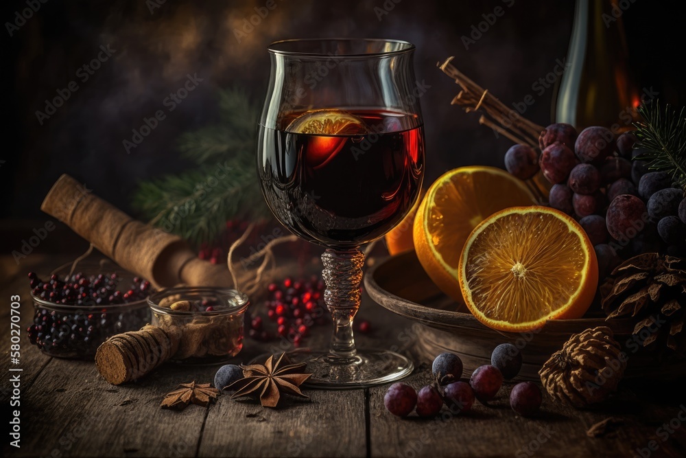 Red wine mulled with spices and fruits, served at Christmastime, on a weathered wooden table. Festiv
