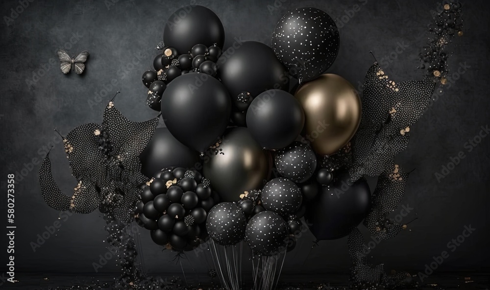  a bunch of black and gold balloons in a vase with a butterfly on the wall in the background and a b