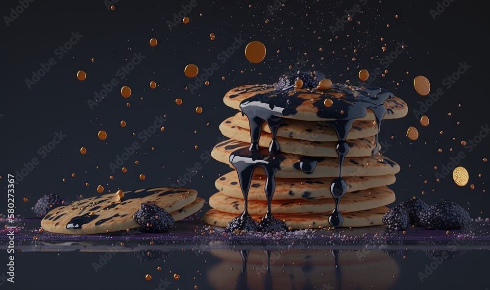  a stack of cookies with chocolate syrup on top of them and a splash of chocolate on the top of the 