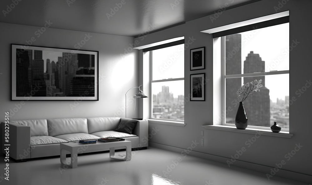  a black and white photo of a living room with a white couch and a large window with city views in t