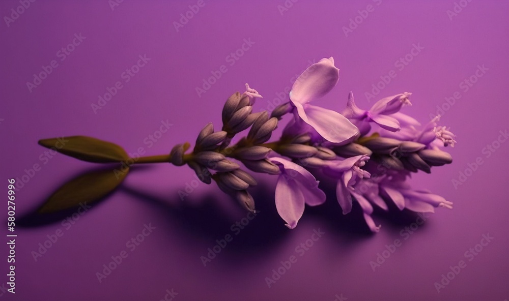  a purple flower with a green stem on a purple background with a shadow of the flower on the left si