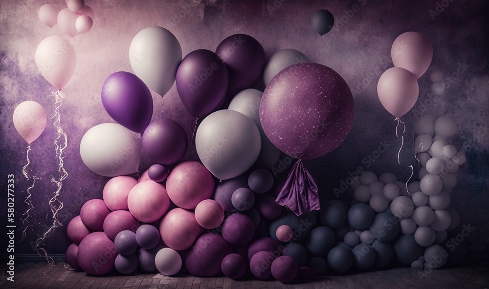  a bunch of balloons that are in the air with a purple and white one on top of the balloons and a pu