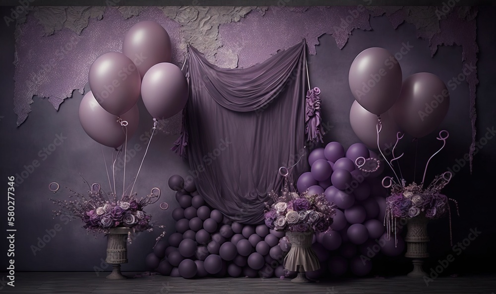  a bunch of balloons are in a room with a purple wall and a bunch of vases with flowers on them and 