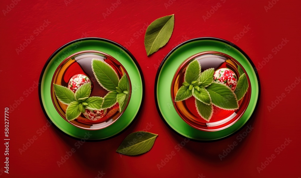  two plates with green leaves on top of red table cloths and a green plate with two red plates with 