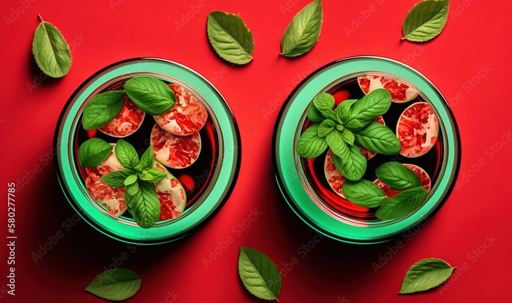  a couple of tins filled with food on top of a red surface with leaves on top of them and a green li