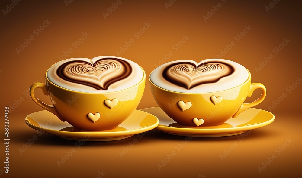  two cups of coffee with hearts on them on a saucer and saucer on a saucer on a brown background wit