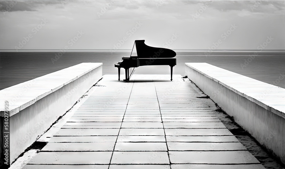  a black and white photo of a piano on a pier by the ocean with a person sitting at the end of the p