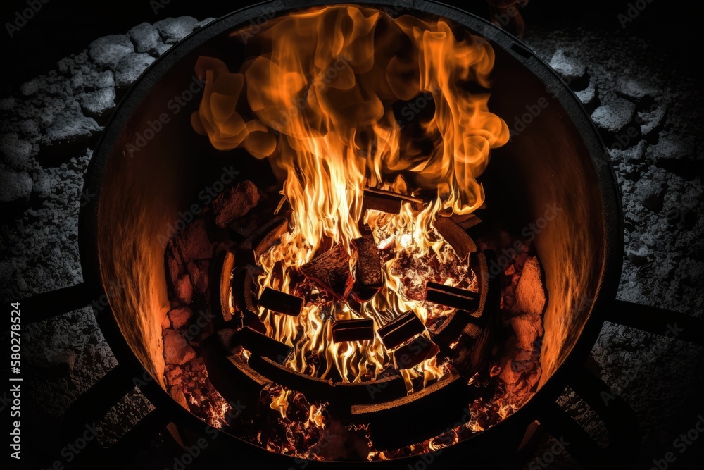 From high above, a look down at the glowing coals in a brazier or barbecue grill on a dark night. St