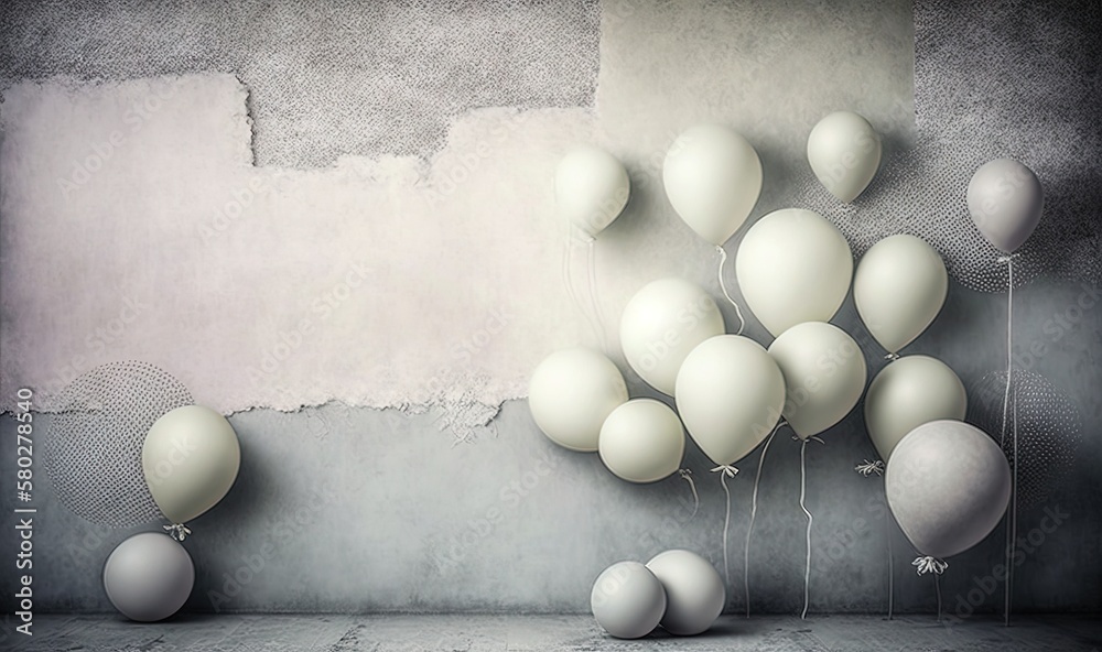  a bunch of balloons floating in the air near a wall with a grungy background and a concrete wall wi
