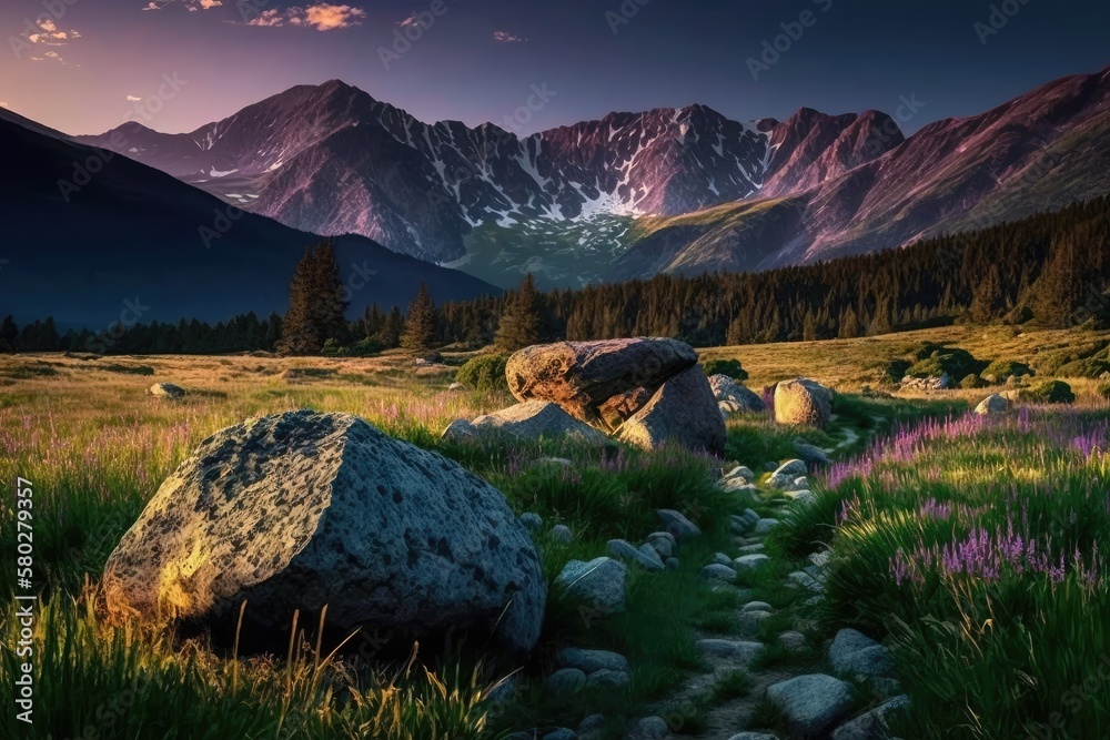 Image of the Tatra Mountains in the Summer. at dusk, a meadow towards the mountain ranges crest wit