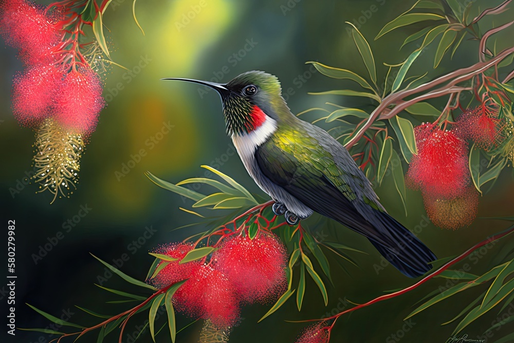 Archilochus colubris, or the male ruby throated hummingbird, feeding on nectar from a bottlebrush tr