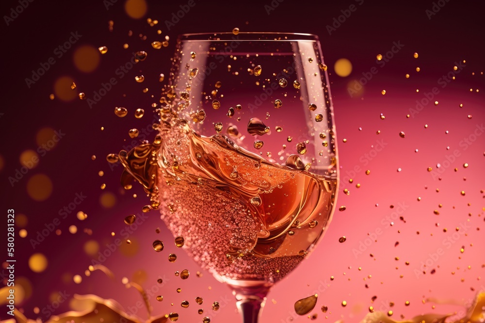 Confetti and gold stars decorate a pink background in this close up of a glass of sparkling rose win