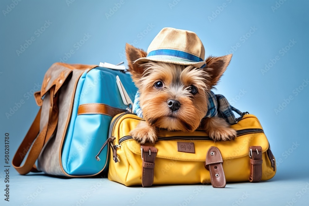 Cute puppy and travel bag. Itinerary making and travel planning. The idea of getting out and about f