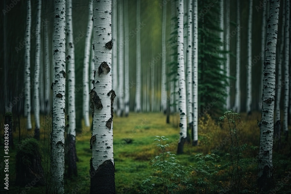 Green deciduous forest with a close up of birch tree trunks. Latvia. Gloomy autumnal setting. Ambien