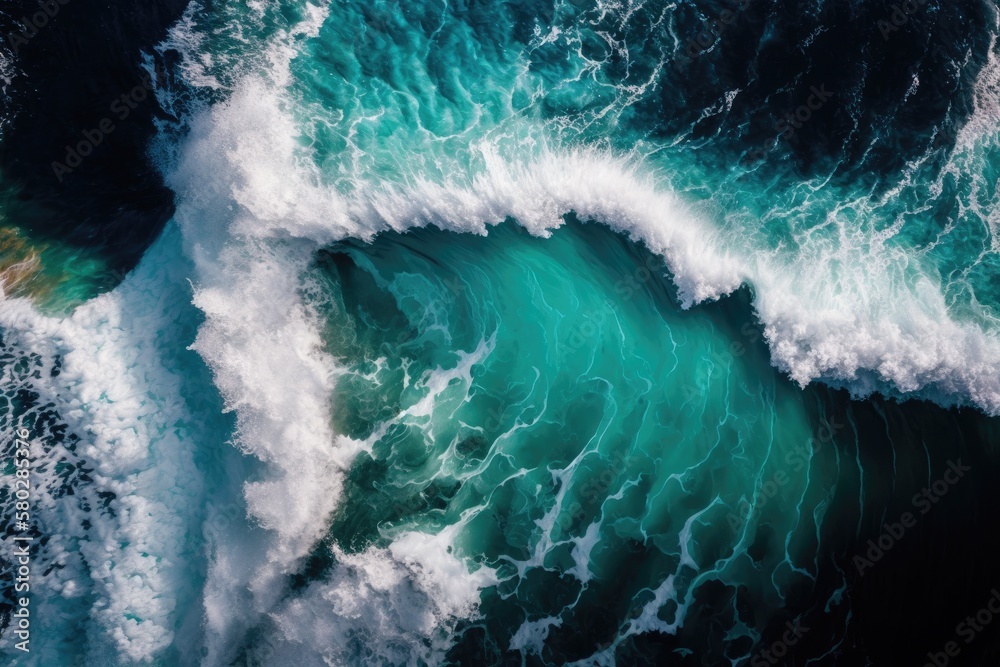 Splashing Waves, Seen from Above the Ocean. pristine, blue, and wavy sea water. Generative AI