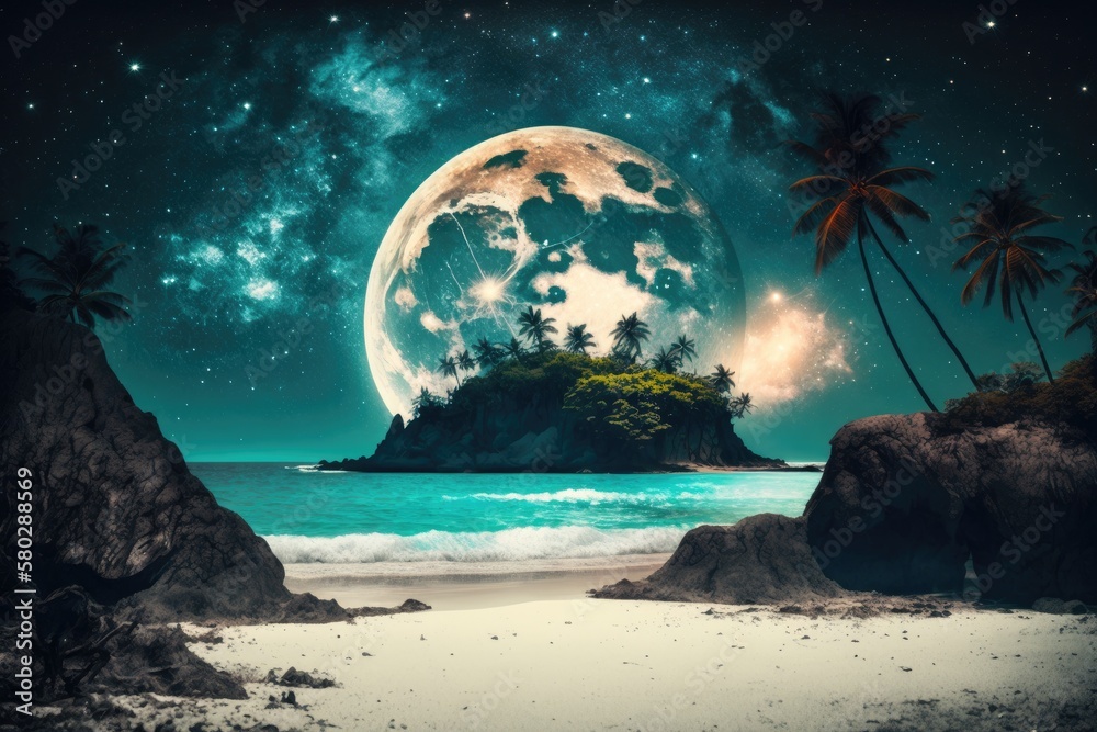 Artwork in the retro style with a vintage color tone depicting a beautiful fantasy tropical beach se