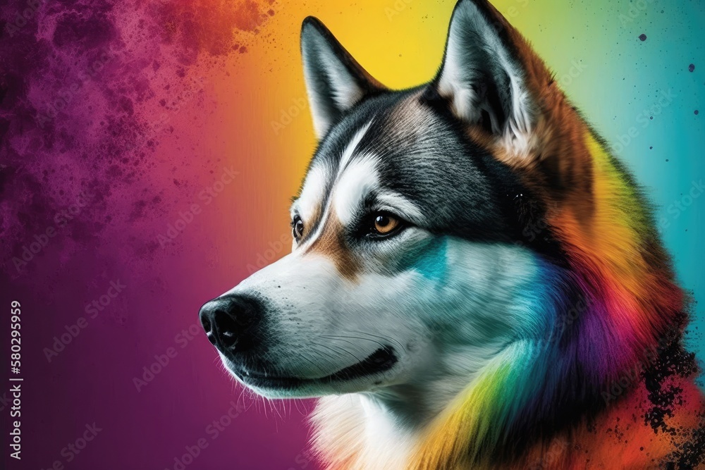 Isolated Husky Dog on Multicolored Background. Generative AI
