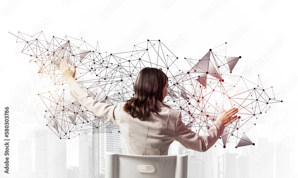 Businesswoman finger pointing on abstract network