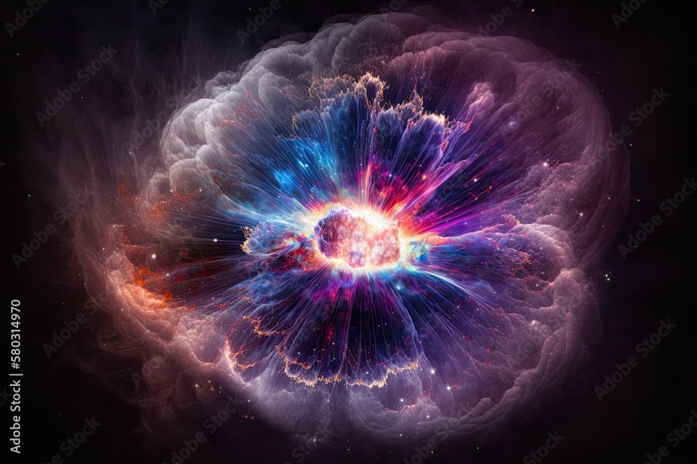, red and blue fireworks, the Big Bang, the Galaxy, an abstract cosmic background, the celestial, th