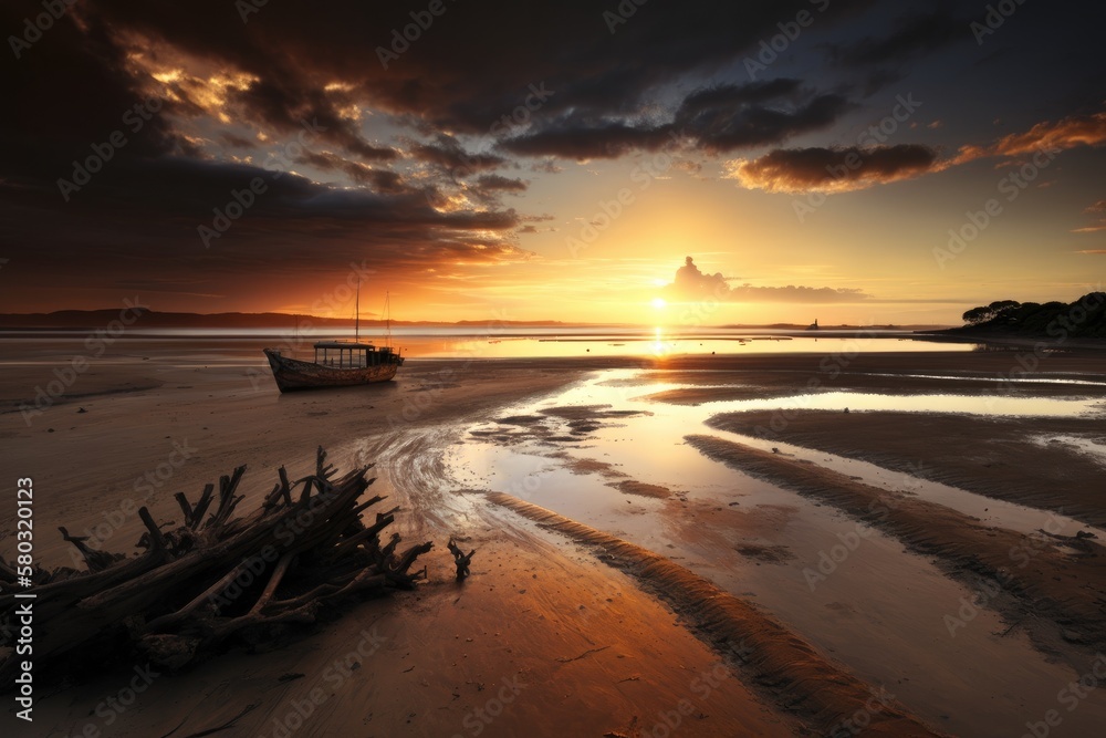 After a tropical storm, the sun rises over a bay on Nosy Be, in northern Madagascar. At low tide, sh