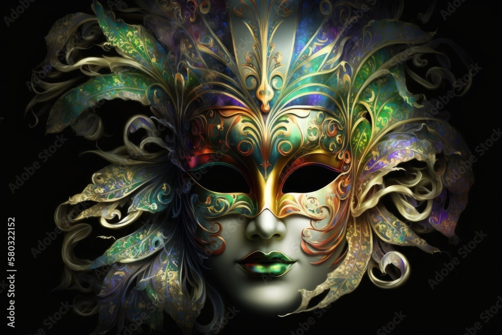 A glittering image of a traditional Venetian or Mardi Gras mask. Generative AI