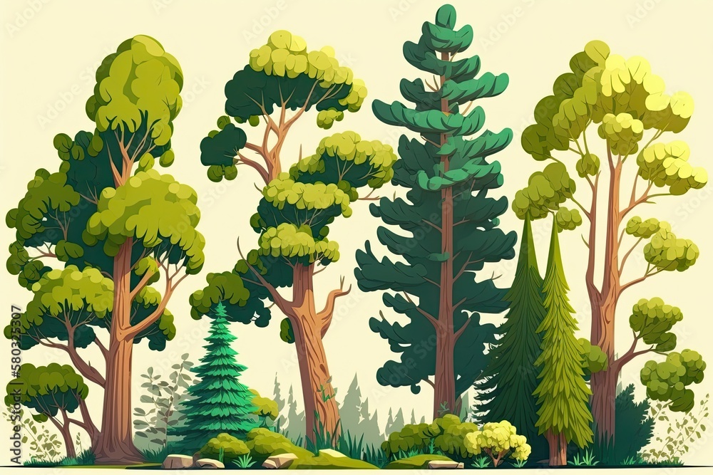 trees in a cartoony illustration. green trees in the forest and backyard. solitary landscape element