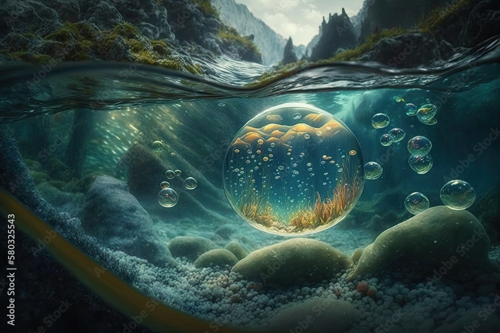 Water bubbles by the water, a quick stream, and an underwater ecosystem scenery may be seen in this 