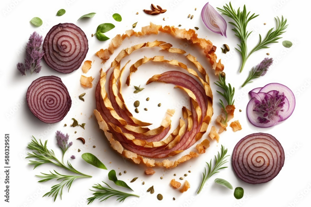 Sliced red onion rings on a white background with a clipping path and a collection of herbs and spic