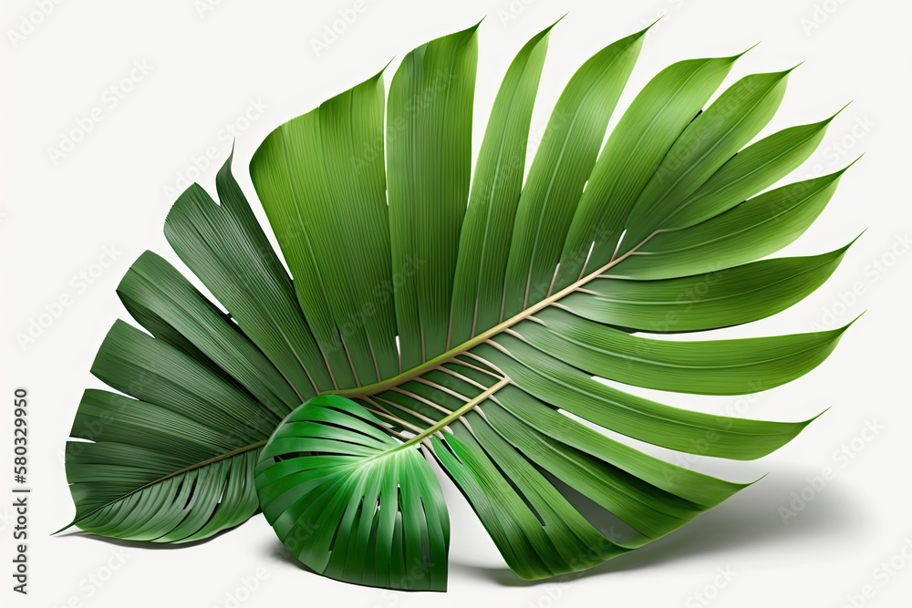Green plam leaves, tropical flora, and coconut leaves or fronds isolated on a white background with 