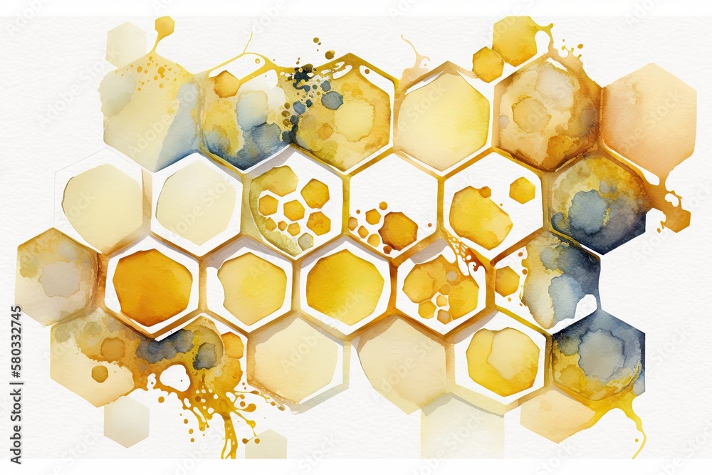 painting in watercolor with a continuous honeycomb design. Yellow honeycombs in an adorable abstract