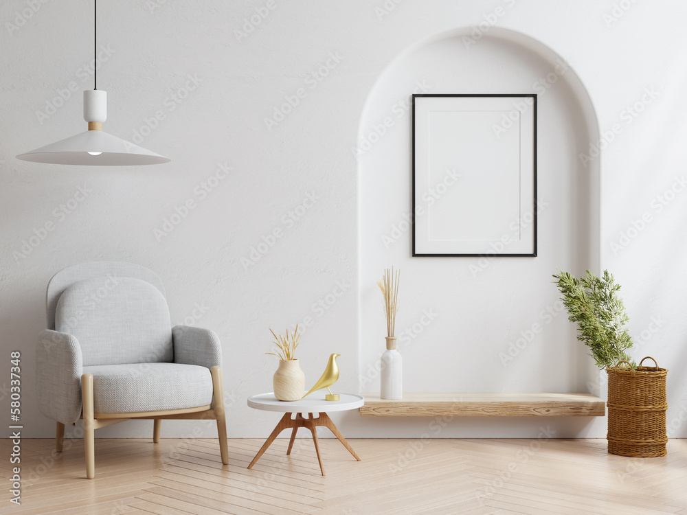 Mockup frame in living room interior with armchair and decor,Scandinavian style.