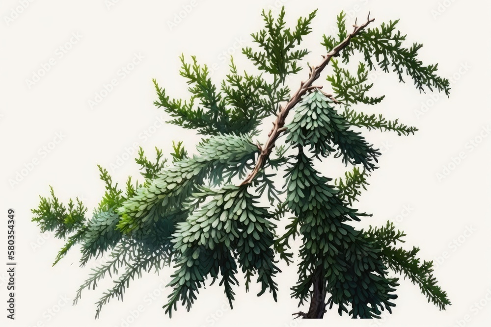On a white background, a branch of thuja looks green. Generative AI