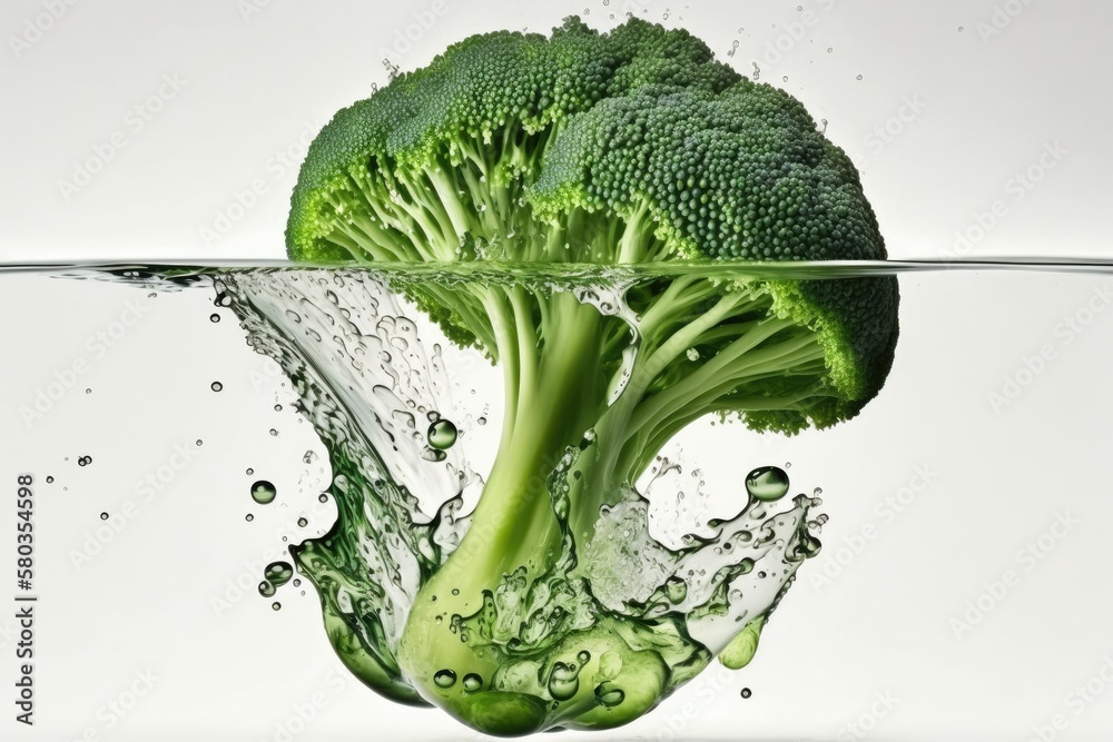 Over a white background, green broccoli spills into pure water. Generative AI