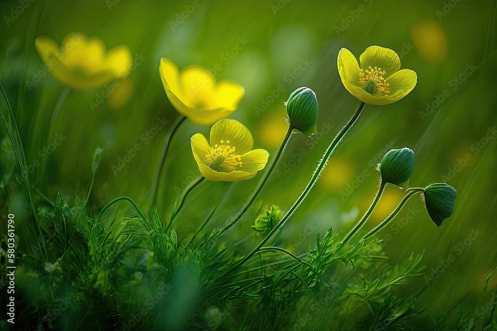 focused image of the green grass and yellow spreading buttercup blossoms. Generative AI