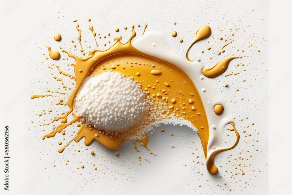 Foamed beer spill on a white backdrop and texture, top view, clipping path. Generative AI