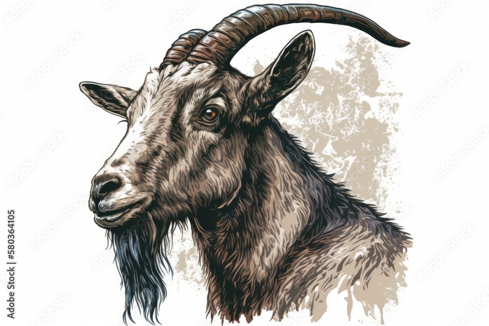 hand drawn portrait of a goat. image, white background. Generative AI