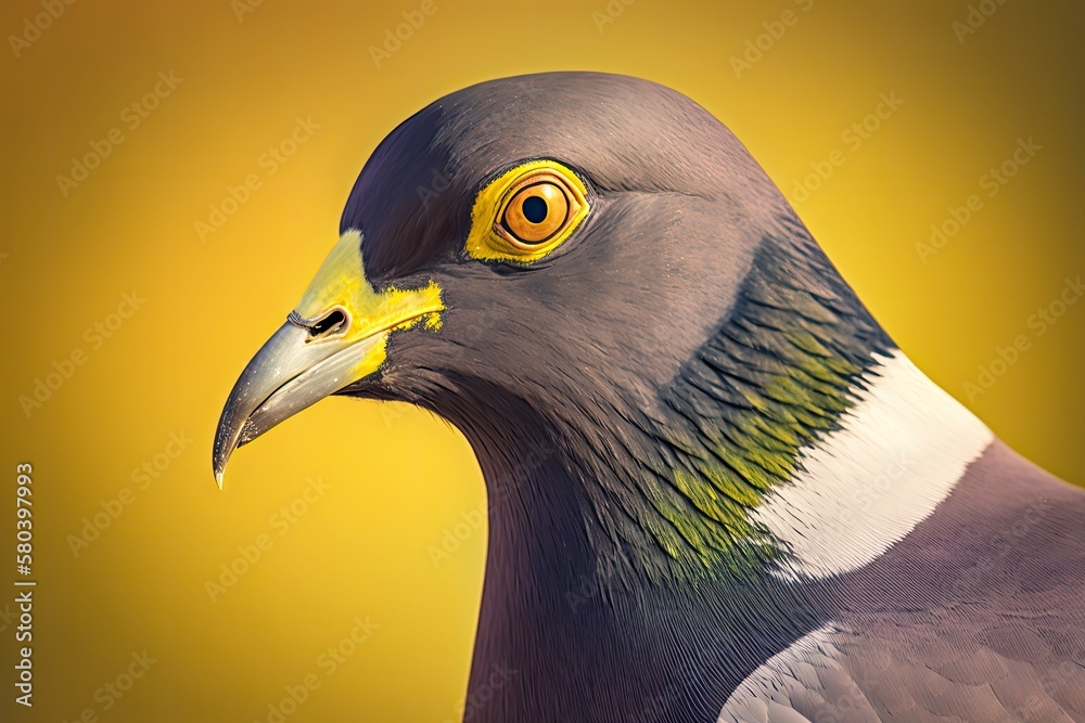 Wood Pigeon (Columba palumbus) Head Portrait with a bright yellow background that has been blurred. 