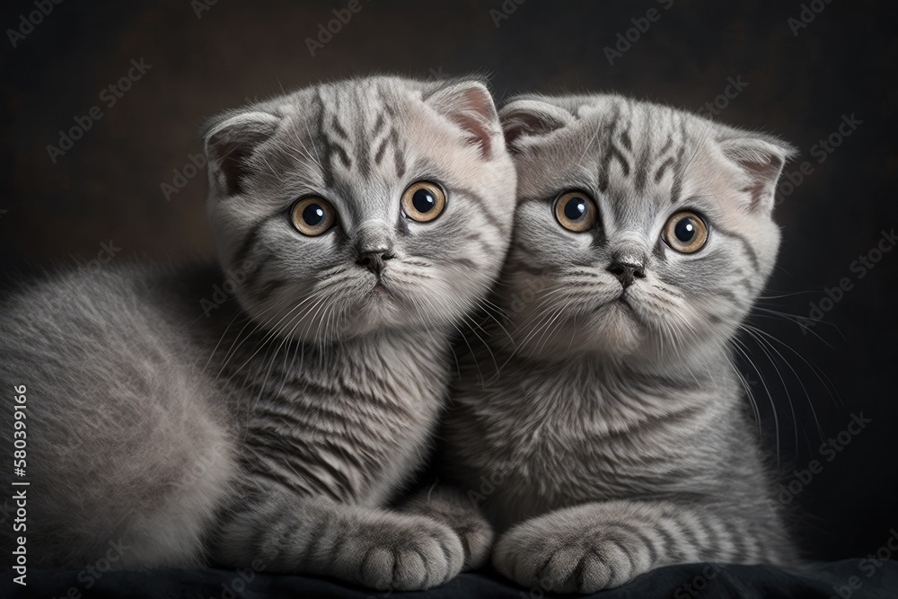 Two beautiful gray scottish fold kittens lie in a portrait on a gray background. Generative AI