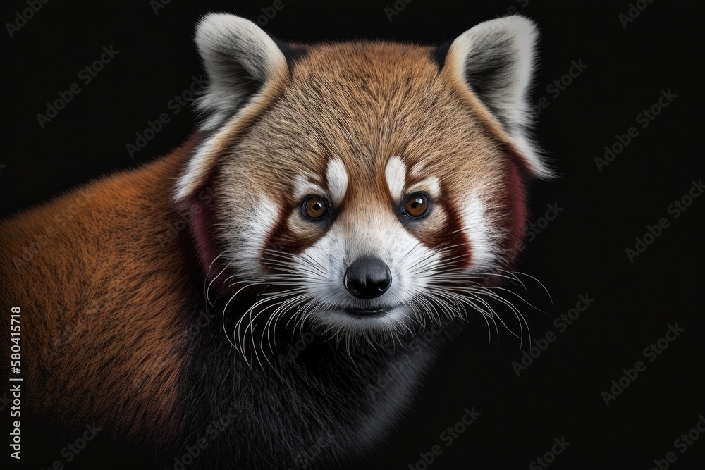 Red panda (Ailurus fulgens) portrait on a black background. Generative AI