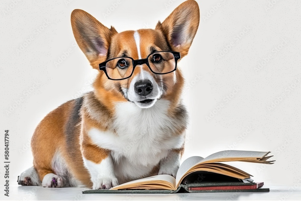 Smart funny corgi dog in glasses sitting with books, reading and studying while smiling on white bac