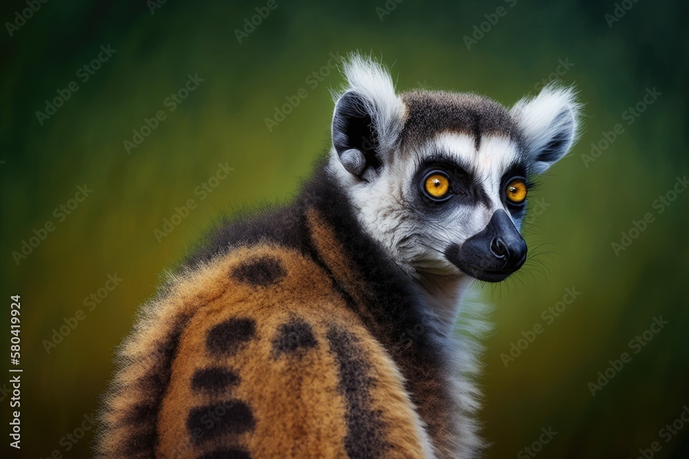 Portrait of a Ring tailed Lemur on a green background. Generative AI