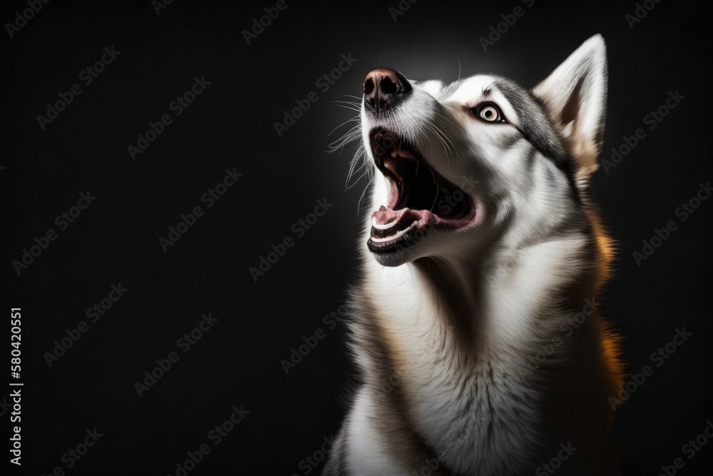 Portrait of a shocked Siberian Husky dog with its mouth open, standing in front of a black backgroun