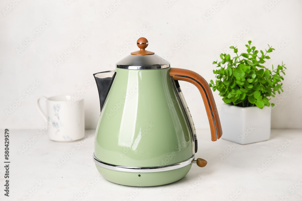 Electric kettle, cup and houseplant on light background
