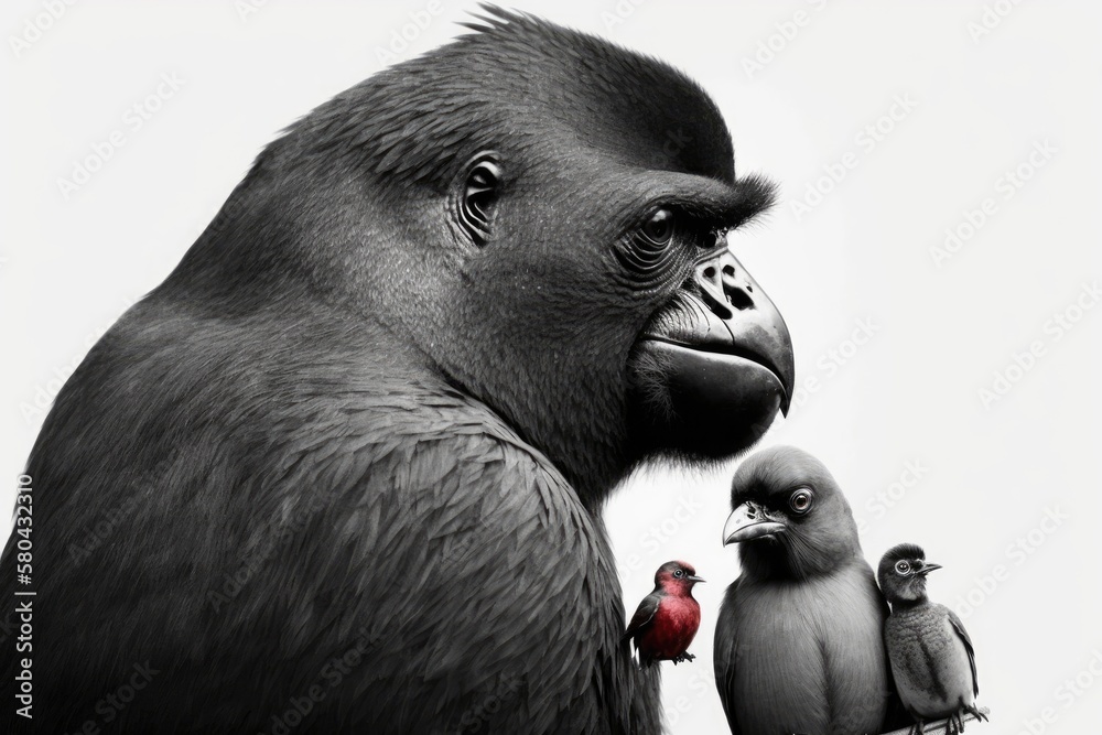 On a white background, a gorilla shows family love to a bird. Generative AI