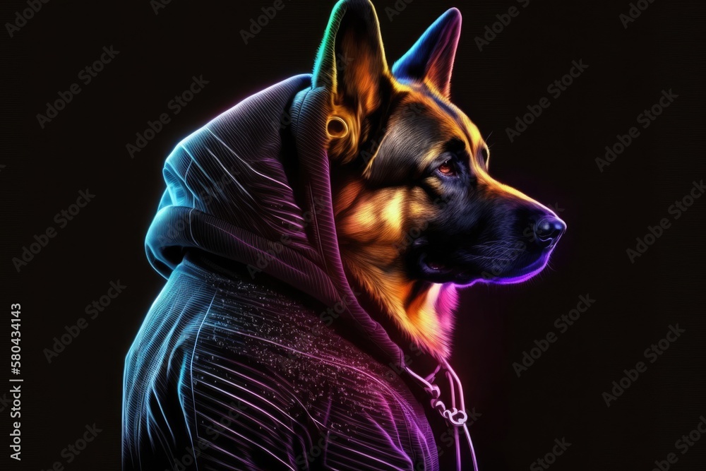 On a black background with a neon gradient light, a German Shepherd wears a hooded sweatshirt and he