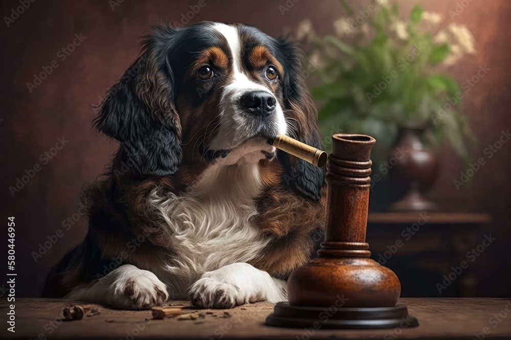 Brown dog is cute and smoking a pipe. Close up, indoors. Background by itself. Pets care concept. Ge